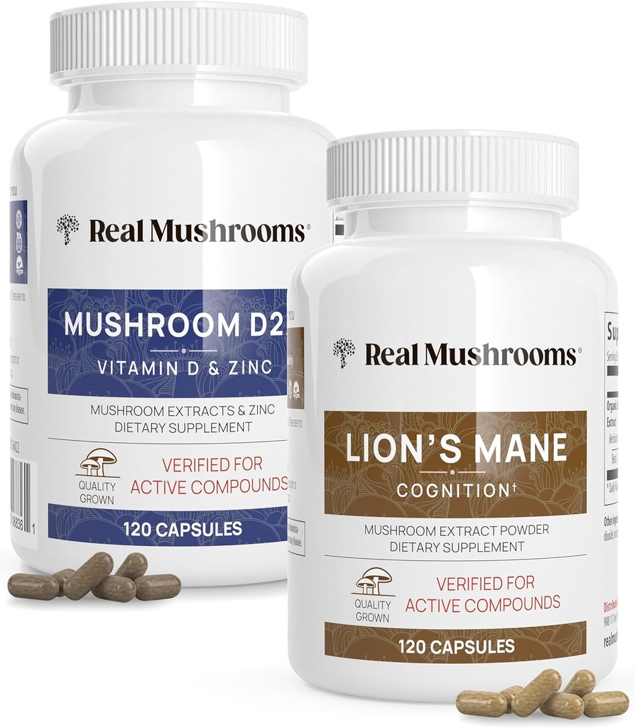 Real Mushrooms Vitamin D2, Zink, Chaga, Reishi (120ct) och Lion's Mane (120ct) Bundle - Immunitet och kognitivt stöd, Chelated Zink för förbättrad absorption - Vegan, Gluten Free, icke-GMO