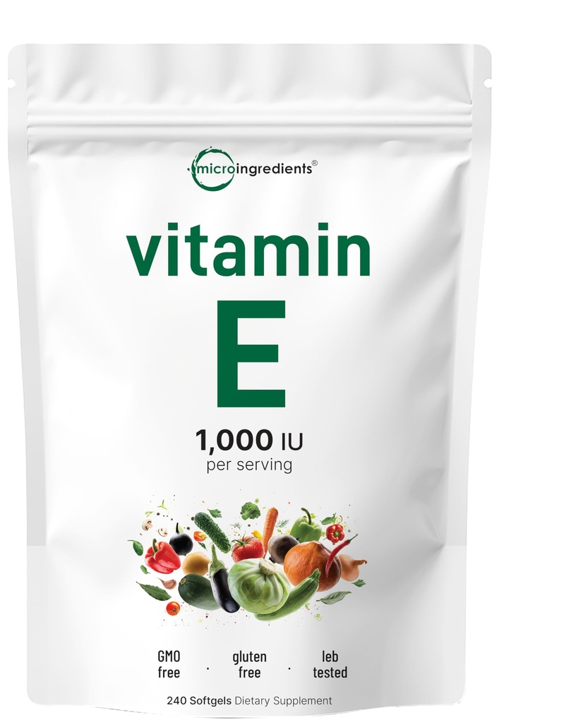 Micro Ingredients Vitamin E 1000IU, 240 Softgels | Pure Vitamin E Oil Pills | Antioxidant Supplements for Skin, Face, Heart & Immune Health | Non-GMO, Gluten Free