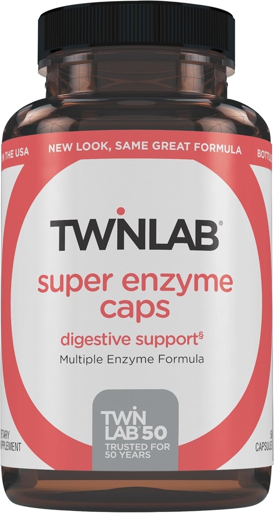 Twinlab Super Enzyme Caps - Förstoppningstillägg med Digestive Enzymes - 50 kapslar