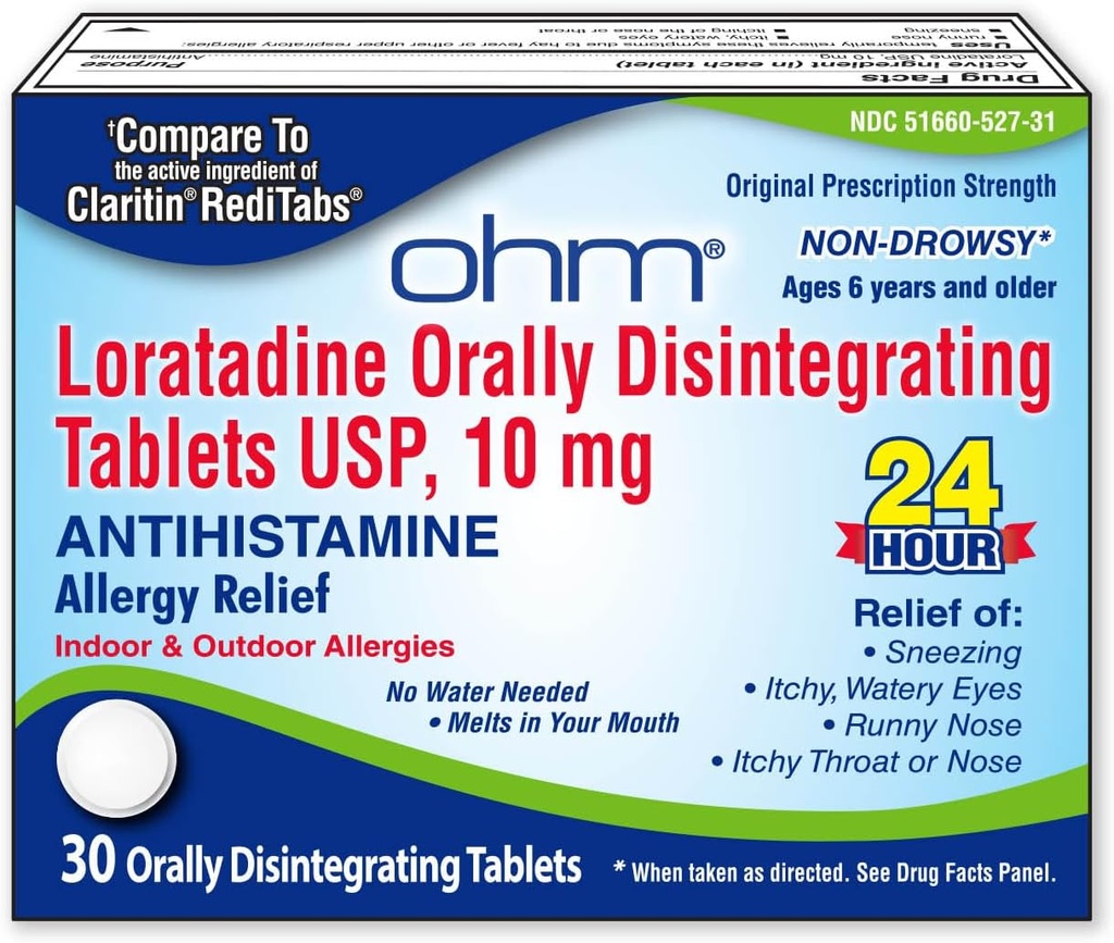Ohm Loratadine 10 mg allergimedicin - Non Drowsy All Day Allergy Relief, 24 timmars antihistamin, oralt sönder tabletter, effektiv lättnad, för ålder 6 och upp - 30 greve