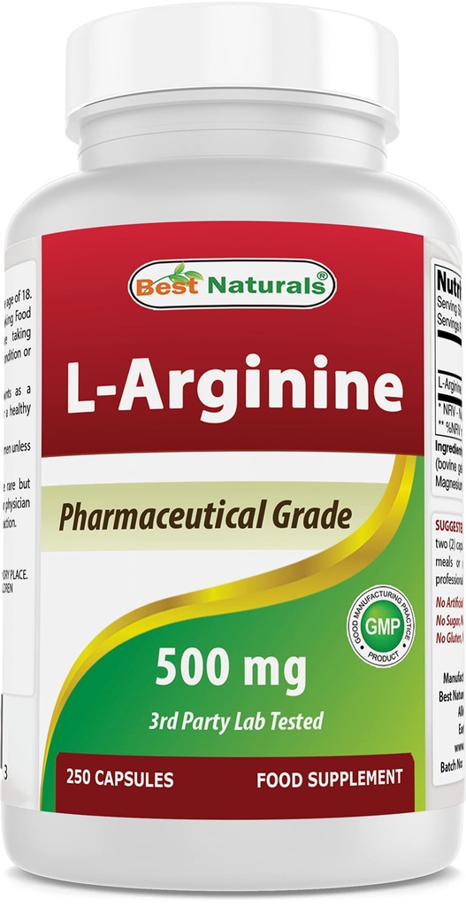 Bästa Naturals L-arginin 500mg 250 kapslar - farmaceutisk grad L Arginintillskott främjar kväveoxidsyntes