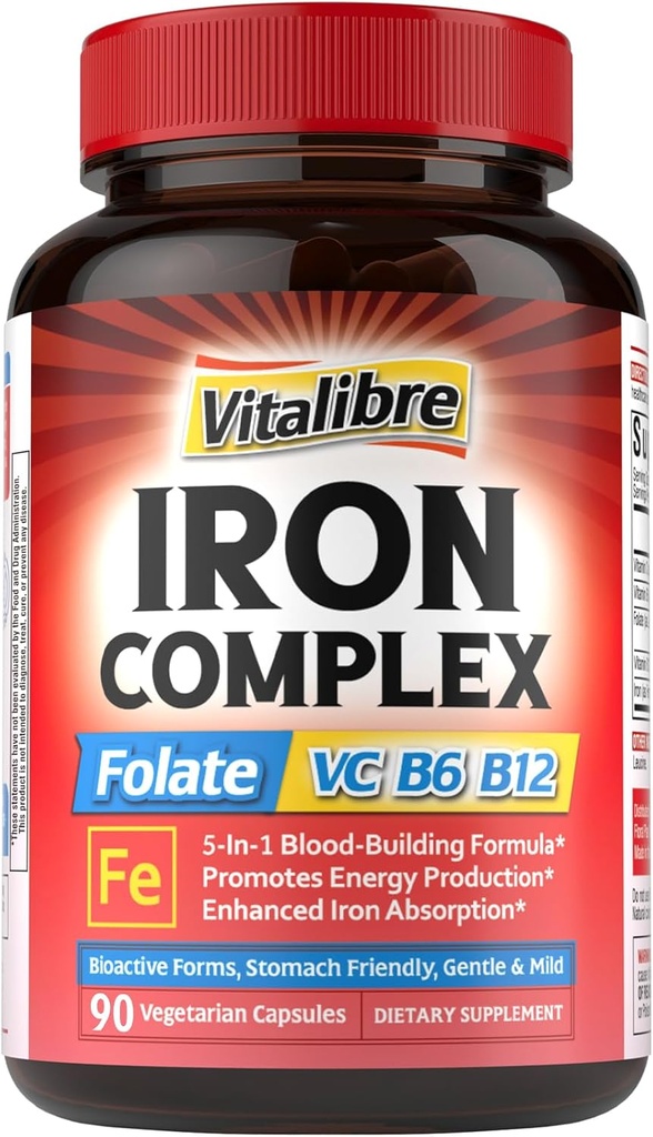 Järntillskott för kvinnor och män, med vitamin C, B6, B12 & folat för järnbrist, Blodbyggnad och energistöd, mage vänlig, bättre absorption, icke-GMO, ingen gluten, 90 Vegan Caps