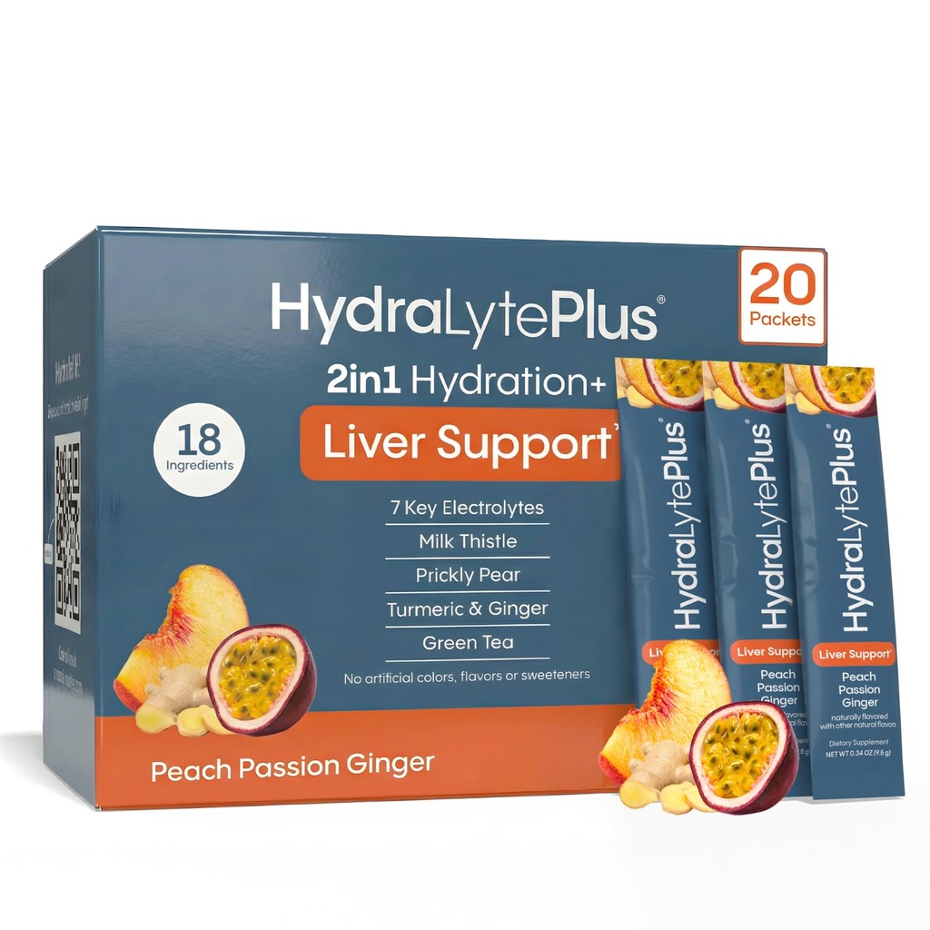 Hydralyte Plus Liver Support Hydration Packets - 7 Electrolytes with Milk Thistle, Turmeric and Ginger - Liquid Daily IV Electrolyte Powder Packets - 20 Count, Peach Passion