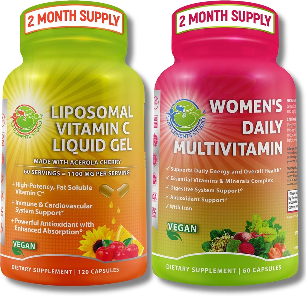Immun Support Bundle - Liposomal Vitamin C 1100mg Liquid Gel Capsules med organisk Acerola Cherry & Vegan Women's Daily Multivitamin med järn - Non-GMO, Clean Daily Wellness Support