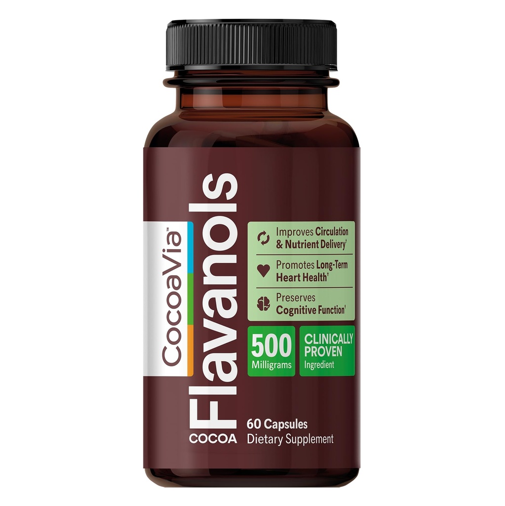 CocoaVia Cardio Health Supplement, 30 Day, 500mg Cocoa Flavanols, Support Heart Health, öka kväveoxid, blodcirkulation, energi, Vegan, mörk choklad, 60 kapslar