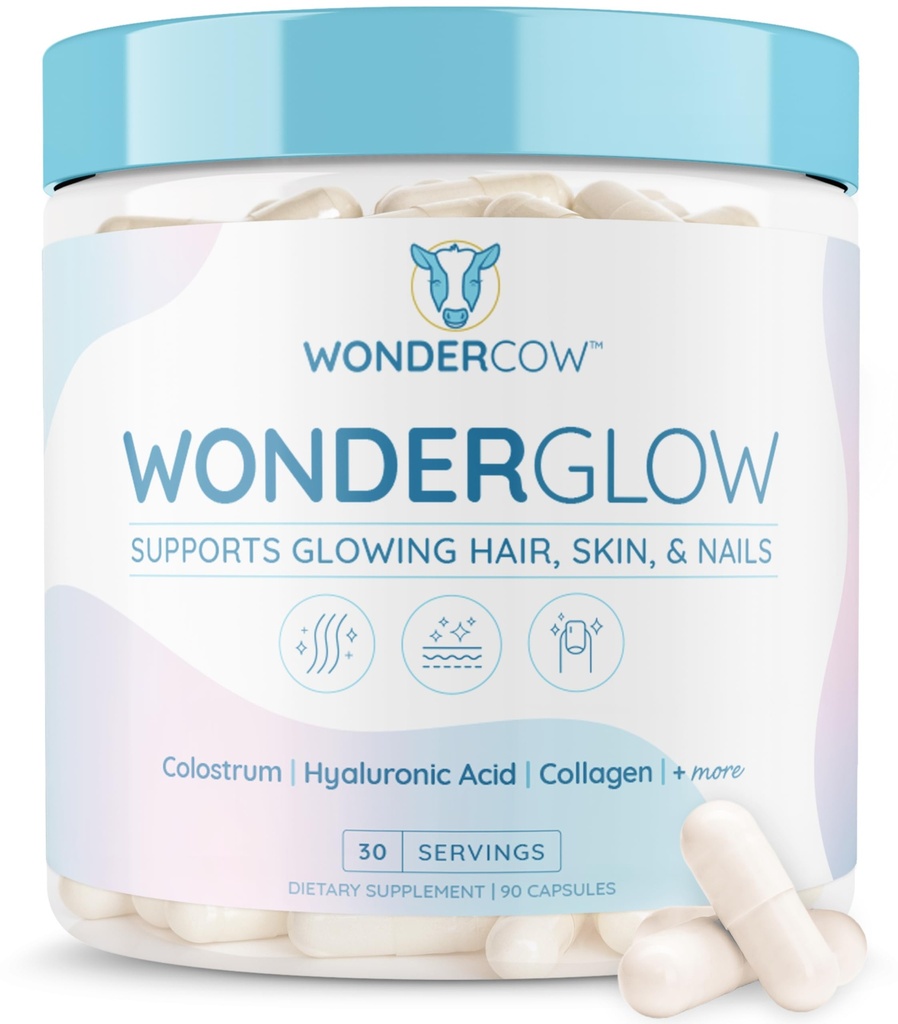 WONDERCOW Hair Skin och Nails Vitamins w/Bovine Colostrum, Collagen, Hyaluronic Acid, Biotin, Zink, & LactoferrinstödSupports Faster Hair Growth, Stronger Nails and Glowing Skin (30 Servings, Capsule)