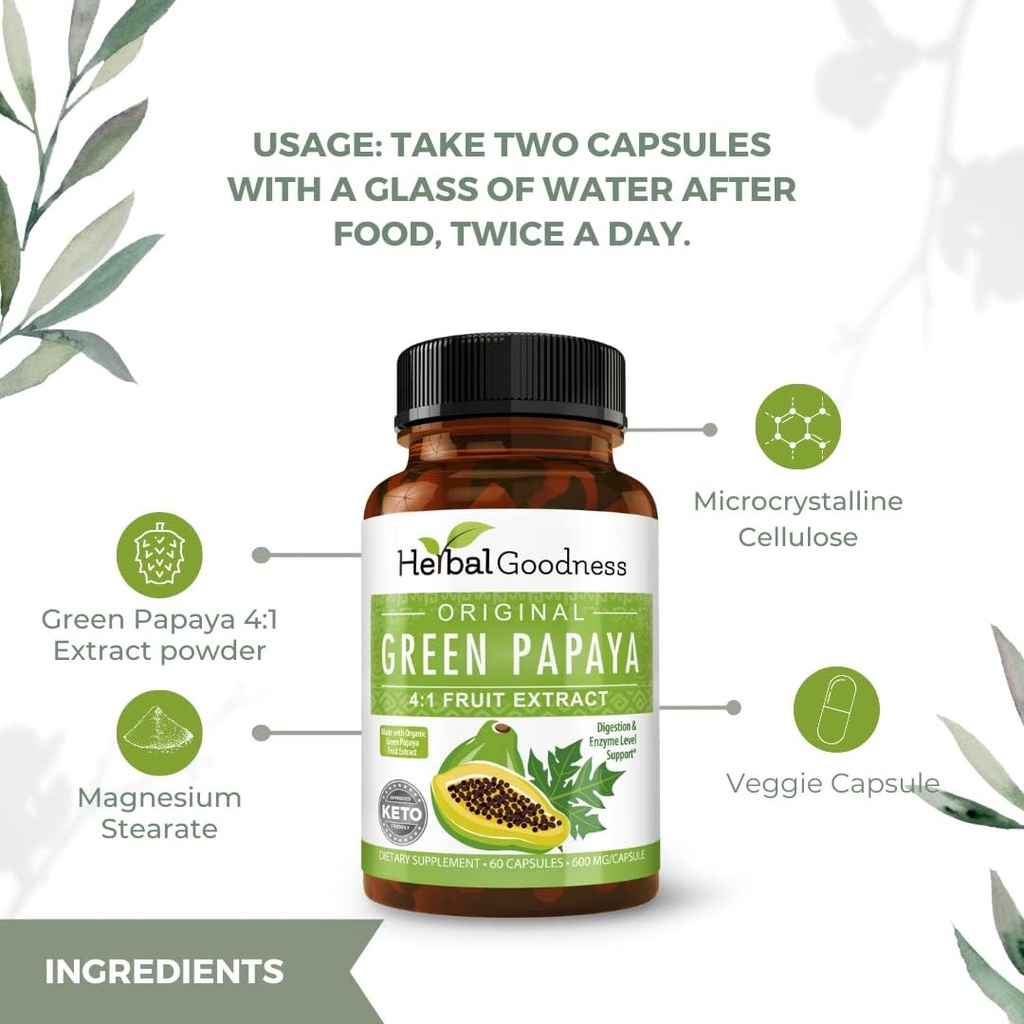 Green Papaya Capsules 4X Styrka, Organic Papaya Leaf & Fruit Extract för Platelets, Digestive Health, Enzymes, Probiotika, Antioxidanter - 600mg, 60 kapslar, fall av 12 - Herbal Godhet