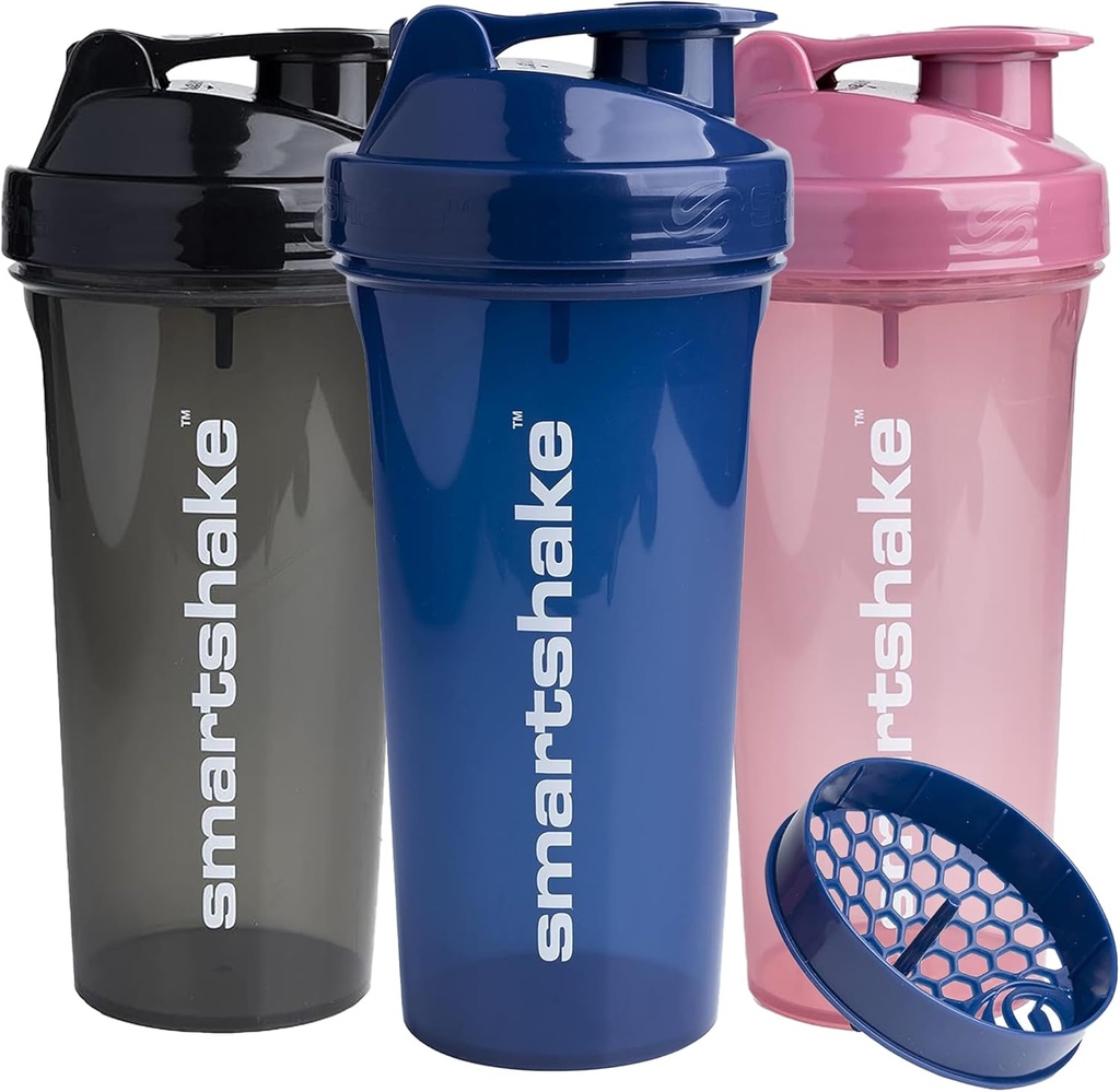 Smartshake Glossy 3-Pack Lite Protein Shaker Bottle 800 ml | 27 oz - Leakproof Screw-on Lid - BPA Free - Unisex - (Black, Deep Rose, Navy Blue)
