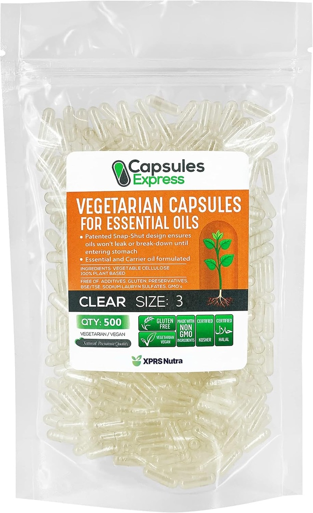 XPRS Nutra Size 3 Empty Vegan Capsules - 500 greve Clear Veggie Capsules för de flesta essentiella oljor - Tomma grönsakspiller - DIY Oil Fyllning
