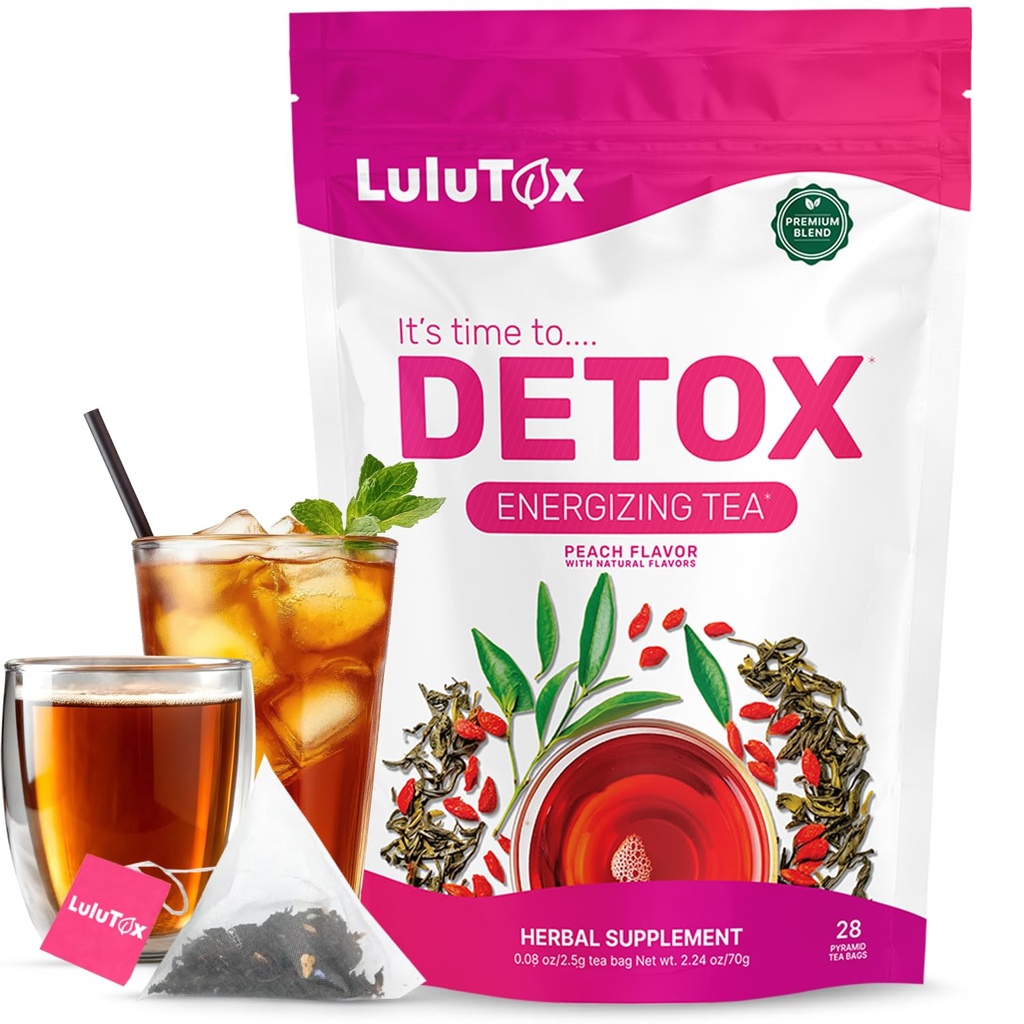 LULUTOX Detox Tea - Herbal Blend med Dandelion, Ginseng och Ginger - Stöder en hälsosam vikt, Digestive Health - Vegan, All Natural, Laxative-Free - Peach Flavor (28 portioner)