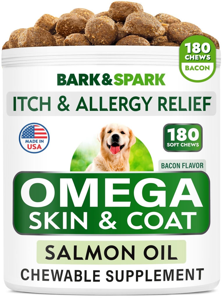 Omega 3 för hundar och katter - 180 fiskoljebehandlingar för hundspridning, hudallergi, Itch Relief, Hot Spots Behandling - Gemensam Hälsa - Hud och Coat Supplement - EPA & DHA Fatty Acids - Salmon Oil - Bacon