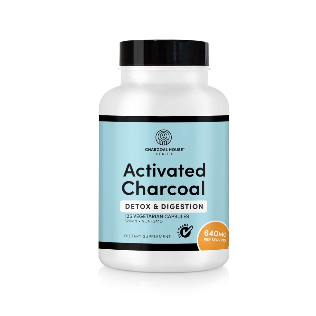 Charcoal House aktiverade kolkapslar för vuxna | Natural, Vegan, Non-GMO & Gluten Free | USP Charcoal Pills för magen rengöring, hälsosam matsmältning, gas och illamående | USP Medical Grade | 125 ct.