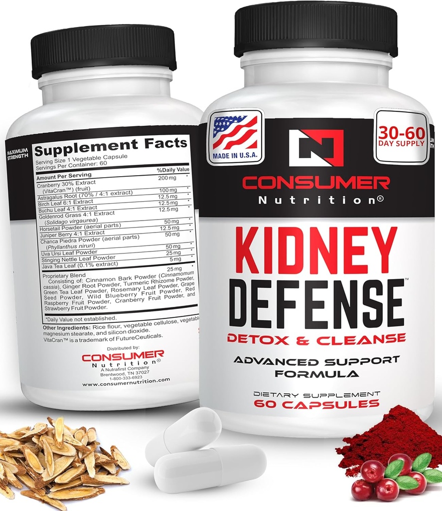 Kidney Detox & Cleanse Capsules - med Cranberry Extract, Astragalus Root & More för urinväg, njurförsvarstillägg - 60 kapslar