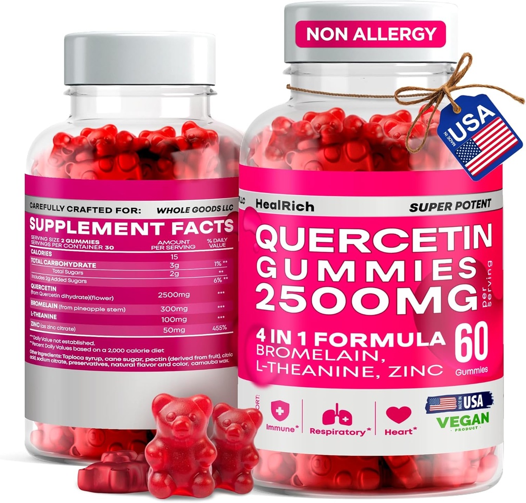 Quercetin Gummies - 2500MG Quercetin med Bromelain L-theanine & Zink - Pure Supplement for Immune System Lung and Allergy Support - Immunity Booster Vegan Supplements for Kids & Adults - Made in US