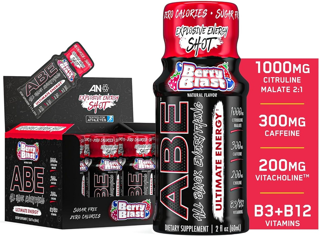 All Black Everything Energy Shots | 12 Pack | 300 mg koffein | Berry Blast | Zero Sugar | Energifokus Supplement | Nootropic Blend för gym eller arbete