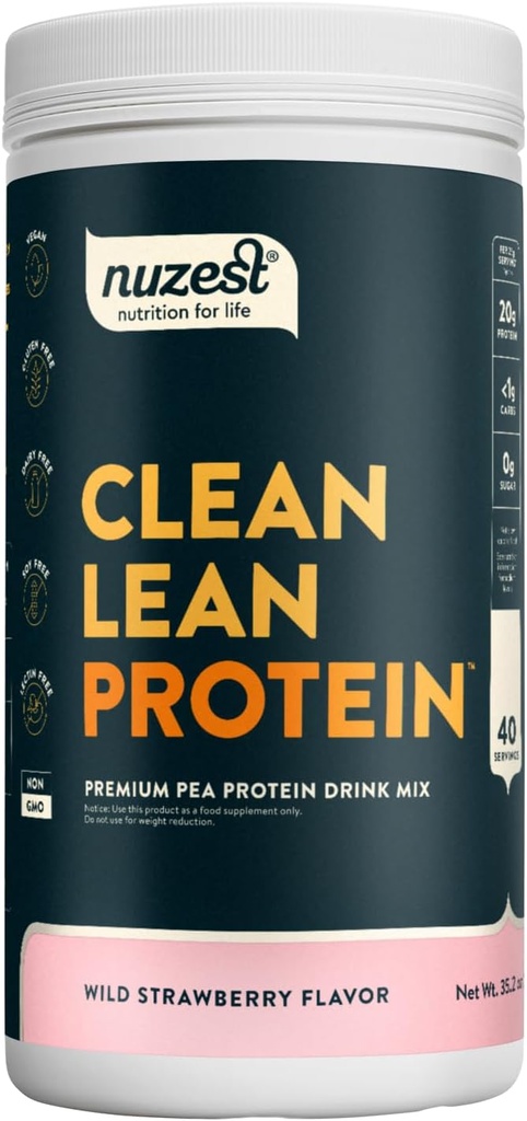 Nuzest - Pea Protein Powder - Clean Lean Protein, Premium Vegan Plant Based Protein Powder, Dairy Free, Gluten Free, GMO Free, Naturally Sweetened, Wild Strawberry, 40 Servings, 2,2 lb
