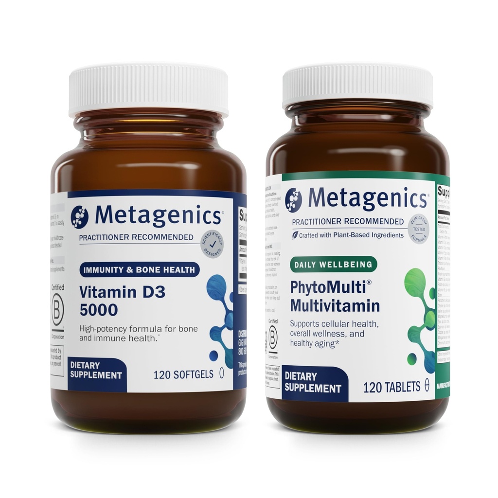 Metagenics Bundle - D3 5000 & PhytoMulti utan järn - 120 Softgels av D3 5000 för immunstöd, benhälsa och hjärthälsa - 120 tabletter av PhytoMulti utan järn för övergripande hälsa och åldrande