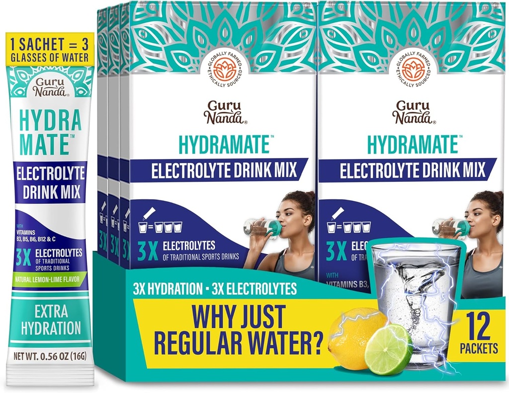 GuruNanda Hydramate Hydration Support Drink Mix - Electrolyte Powder Packets för uttorkning, träning och energi - Inga tillsatta sötningsmedel, icke-GMO, Natural Lemon Lime Flavor - 12 Count (0,56 uns vardera)