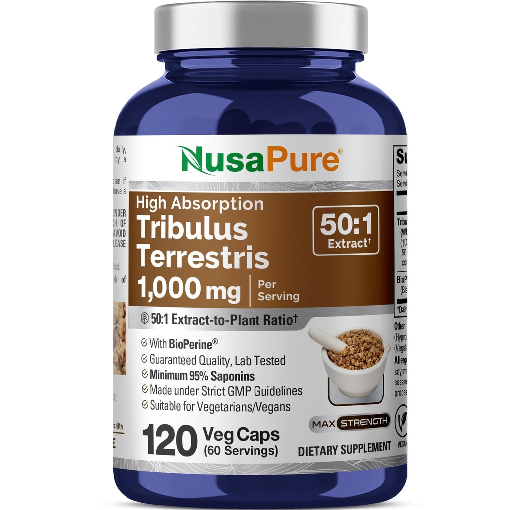 NusaPure Tribulus Terrestris 50:1 Extract, 1000 mg Equivalent till 50.000mg | 120 Veggie Caps | 95% Steroidal Saponins | Non-GMO, Bioperine
