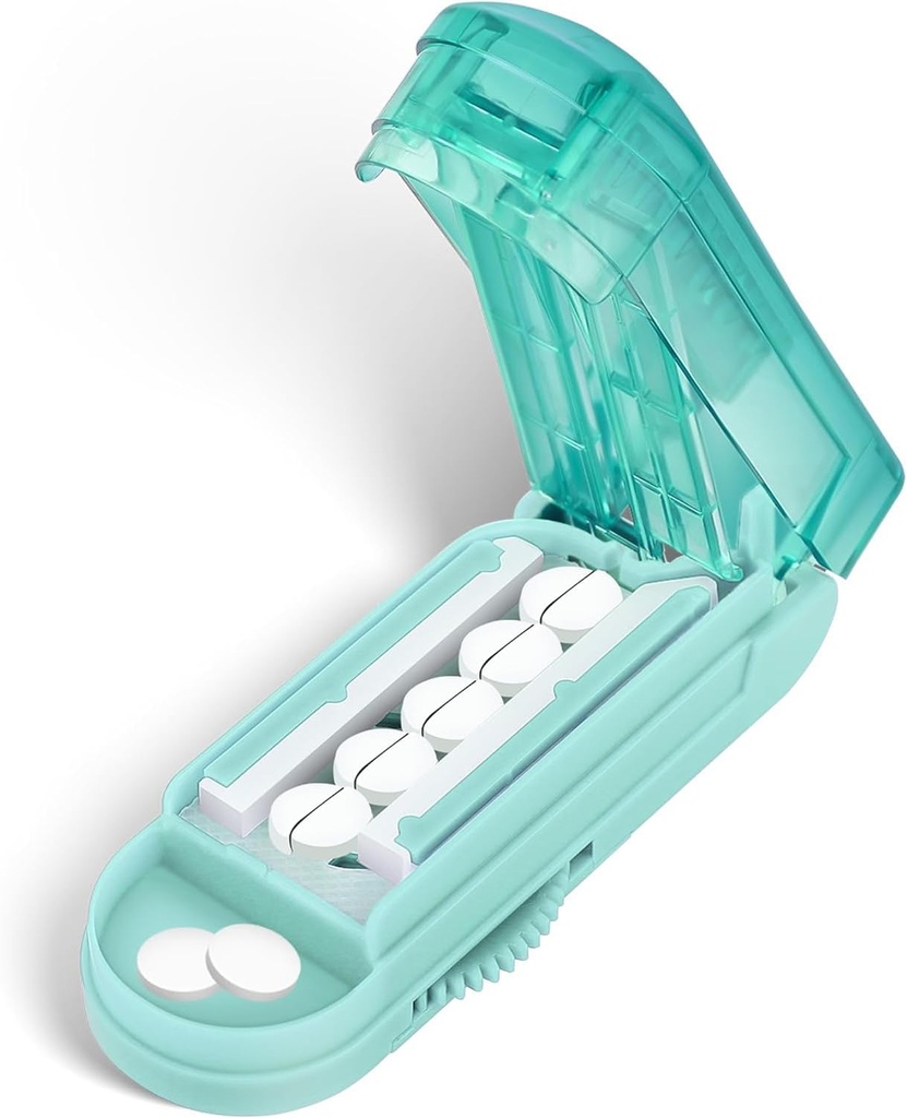 DUBSTAR Pill Cutter Splitter for Small and Tiny Pills, Multiple Pill Cutters for Small or Large Pills, Justerbar Pill Splitter med Centering Device och Blade Guard for Multi Tablets (Cyan)