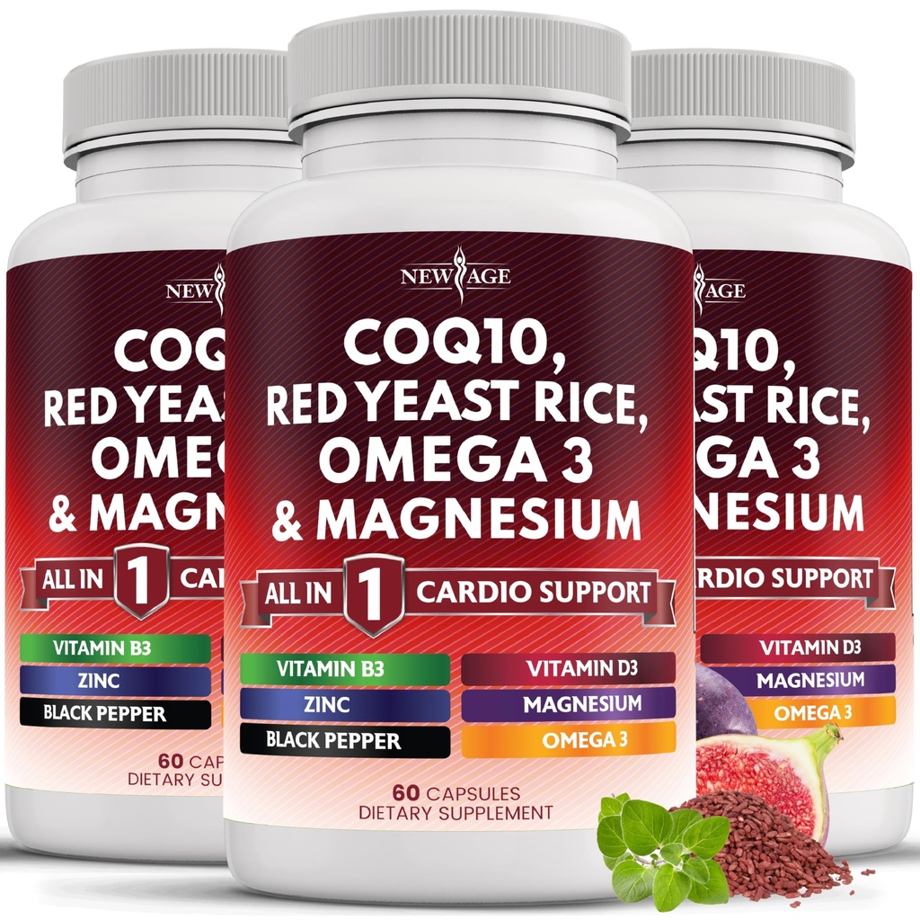 NEW AGE COQ10 200mg Red Yeast Rice Omega 3-6-9 Magnesium Komplex Zink Vitamin K2 D3 - Stöd Vitaminer för kvinnor och män med vitamin B3, Coenzyme Q10-180 greve
