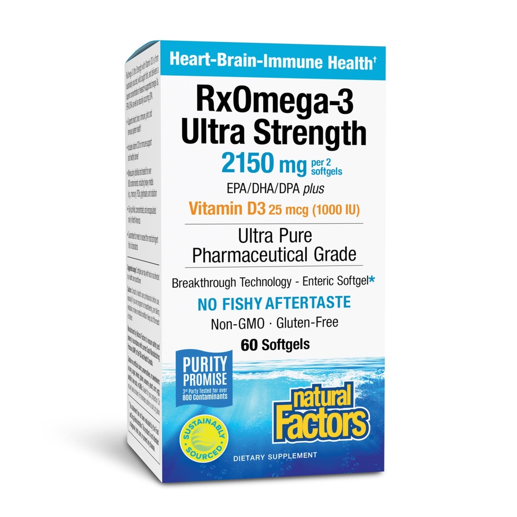 Naturliga faktorer RxOmega-3 Ultra Strength - Kosttillskott för hjärn- och hjärthälsostöd - Ögonhälsotillskott med EPA & DHA - Tillägg med Omega-3 fettsyror - 60 Softgels (30 portioner)