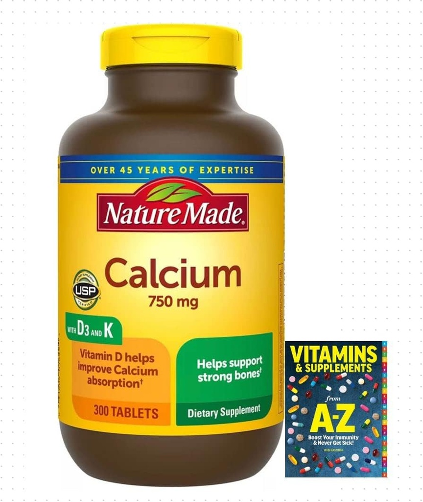 Adventure Home Calcium 750 mg med vitamin D3 och K, Kosttillskott för benstöd, 300 tabletter + Bättre guide vitaminer kompletterar bok gratis