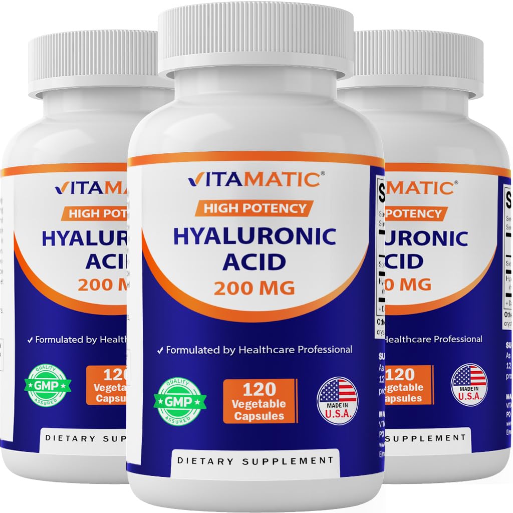 Vitamatic 3 Pack Hyaluronic Acid Supplements 200mg - Stöder Hälsosam Koppling och Joints - Främja ungdomlig Hälsosam hud - Totalt 360 kapslar