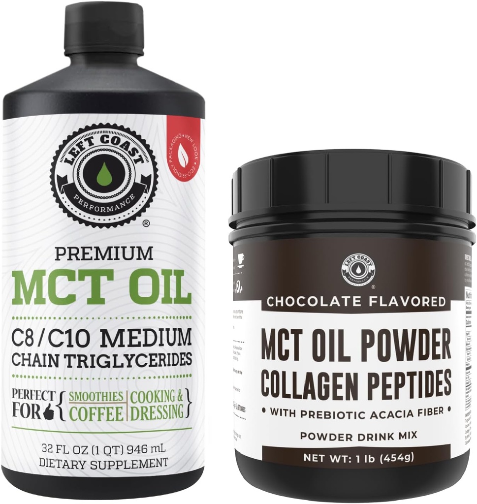 Vänsterkusten Performance 100% Coconut MCT Oil Liquid, 32oz + Chocolate Keto MCT Powder, Collagen & Prebiotic Fiber, 16oz
