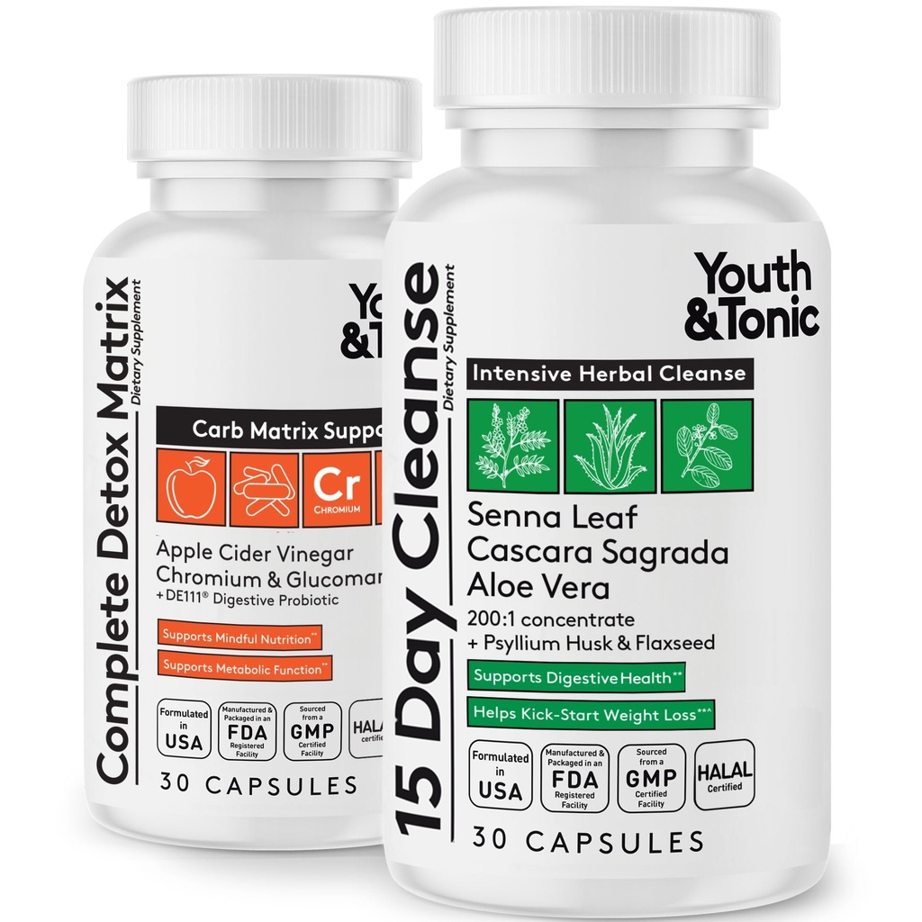 Youth & Tonic 15 Day Cleanse & Carb Matrix Support för Bloating, Gut & Metabolism Health, Break The Plateau, Känn lättare & Energized, Colon Cleanser & Detox med ACV, Glucomannan, Chromium, 60 Pills