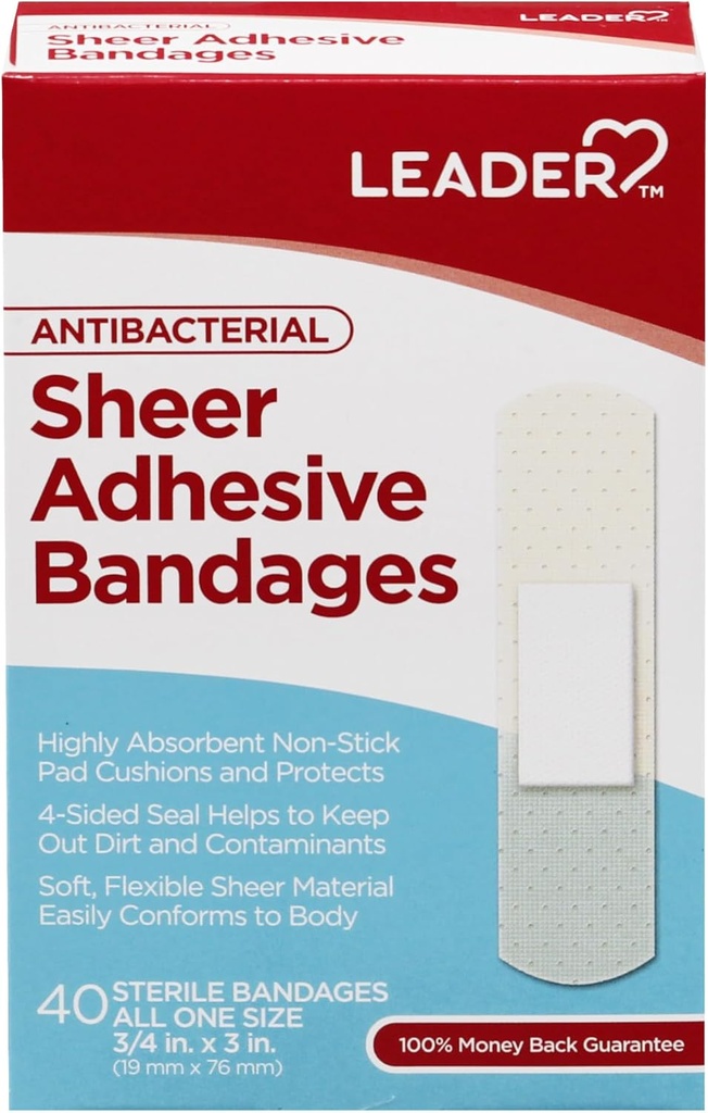 LEADER Sterile Sheer Adhesive Bandages, Latex Free, Blends with Skin, hjälper till att förebygga infektion, bekvämt skydd för första hjälpen och sårvård (3/4" x 3", 40 greve)