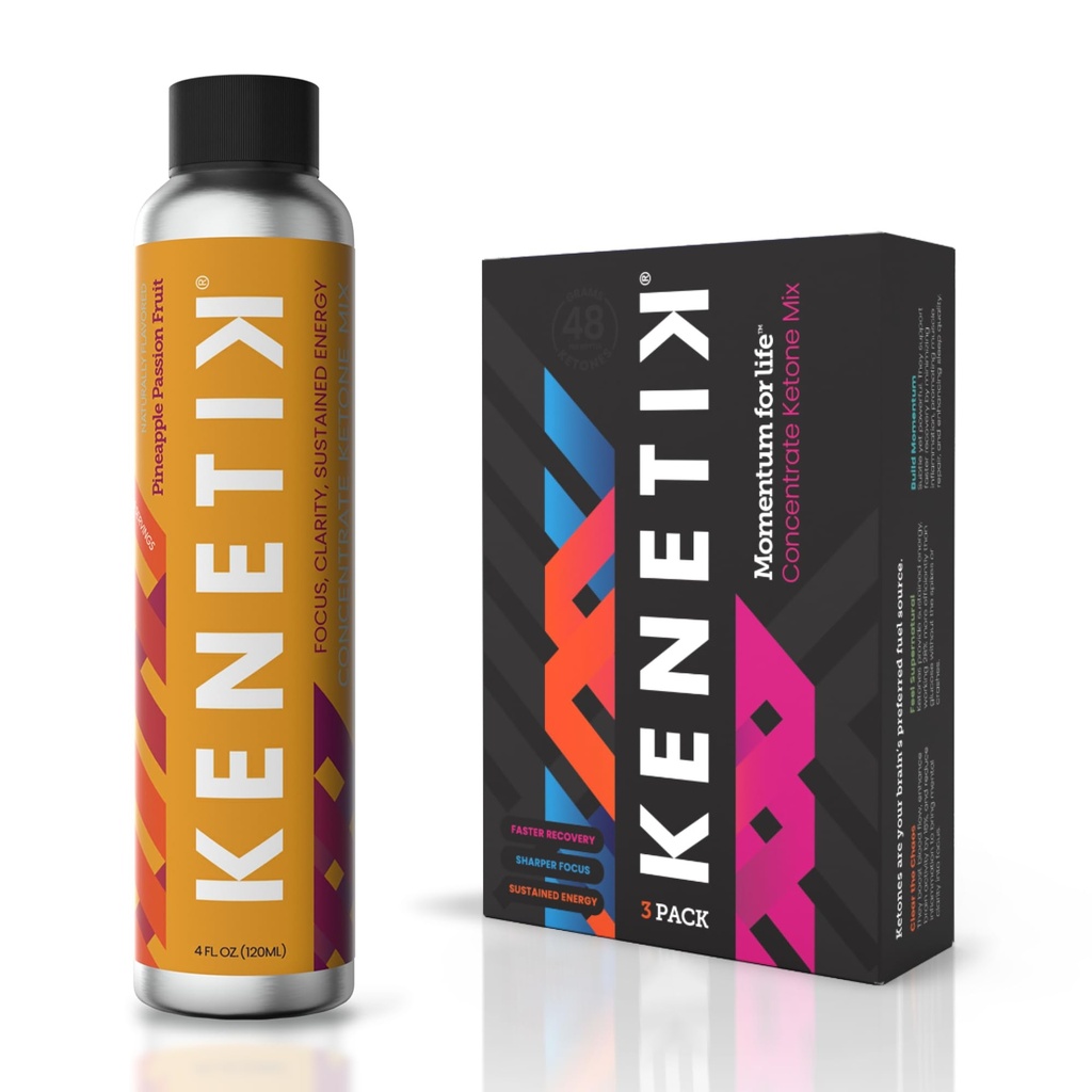 Kenetik Ketone Drink Mix, Exogena Ketones Blend, Keto, Caffeine & Sugar Free, Vegan Nootropics Brain Supplement för minne och fokus, D-BHB Ketones - Pineapple Passionfruit, 3PK (12 portioner)
