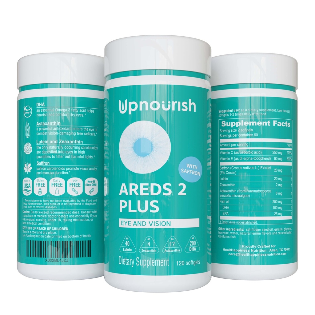 UpNourish AREDS 2 Plus Eye Vitamin Supplement, AREDS 2 Zink Free Formel med Lutein, Zeaxanthin, Saffron, Astaxanthin & DHA - 120 mjukgels