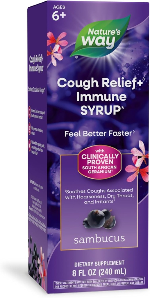 Naturens sätt Sambucus Cough Relief + (1) Immune Syrup*, Känn bättre snabbare (1), kliniskt beprövad sydafrikansk geranium, med Elderberry Extract, Vitamin C & Zink, 8 Oz (Packaging May Vary)