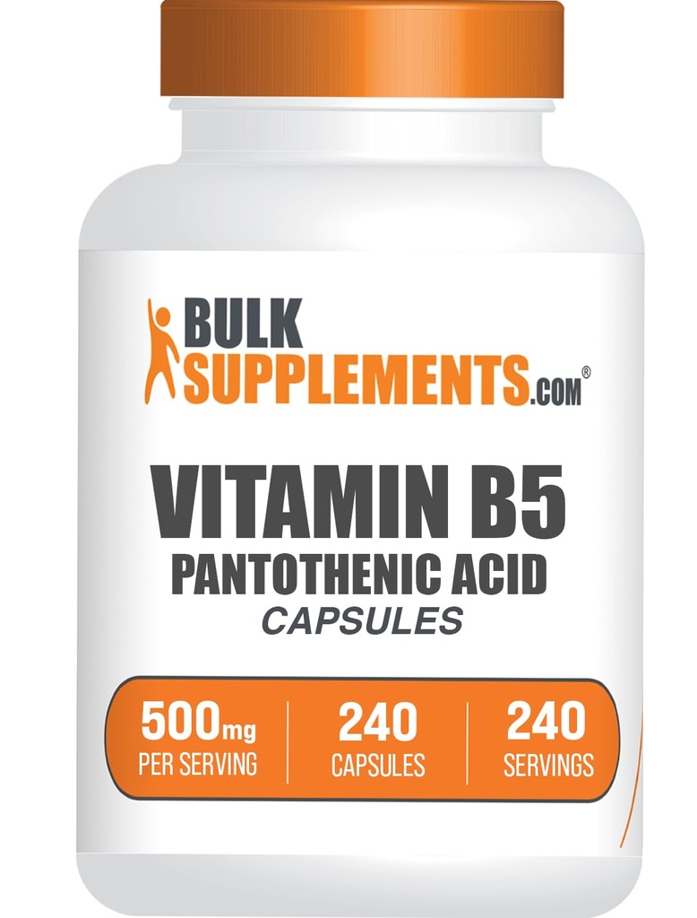 BulkSupplements.com Vitamin B5 Capsules - som Pantothenic Acid, B Vitamin Supplement, Pantothenic Acid 500 mg - Gluten Free, 1 kapsel per portion, 240 kapslar (Pack av 1)