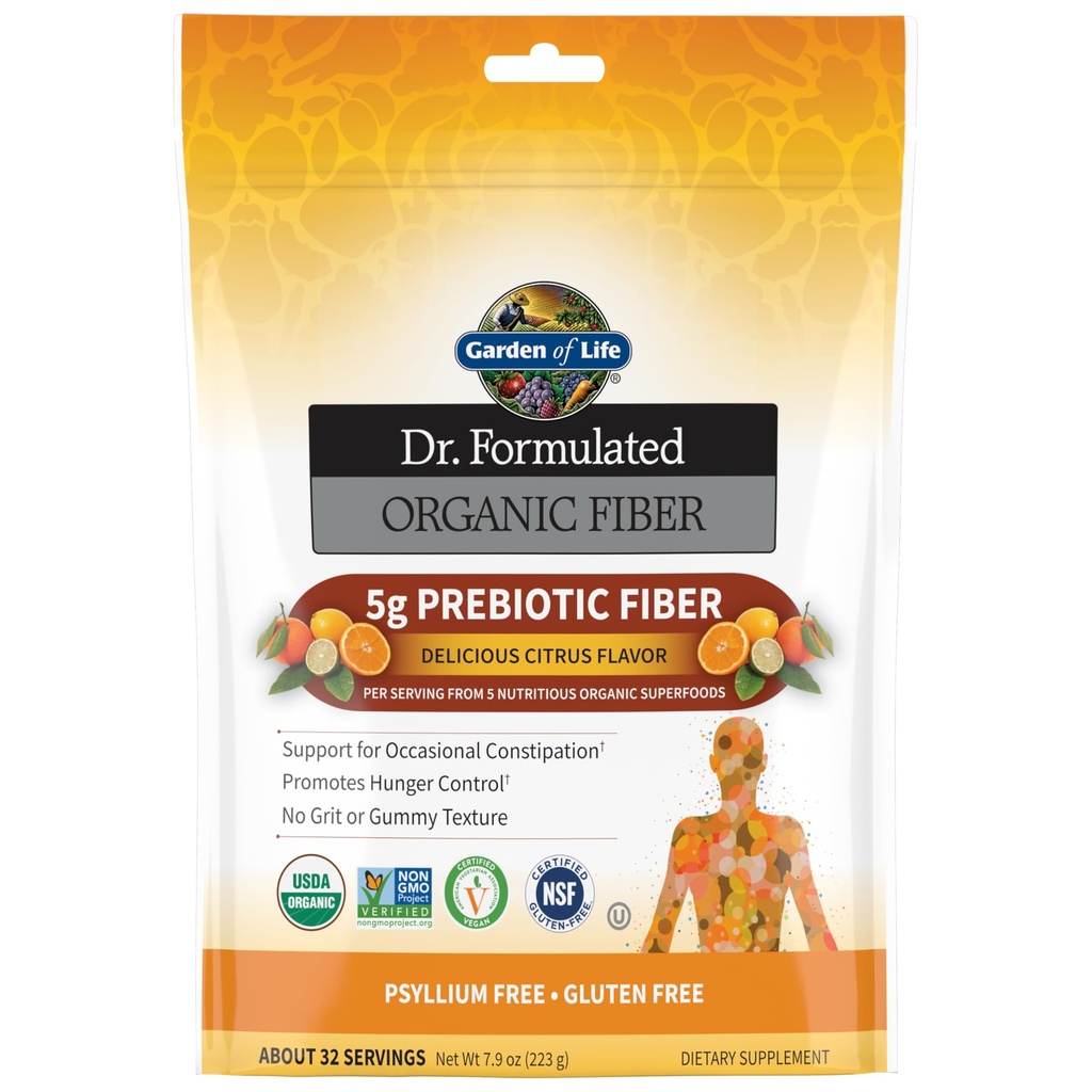 Garden of Life Dr. Formulated Organic Fiber Powder, Citrus Flavor, Prebiotic Superfood Fiber Supplement, Constipation Relief, Psyllium Free, 32 Servings