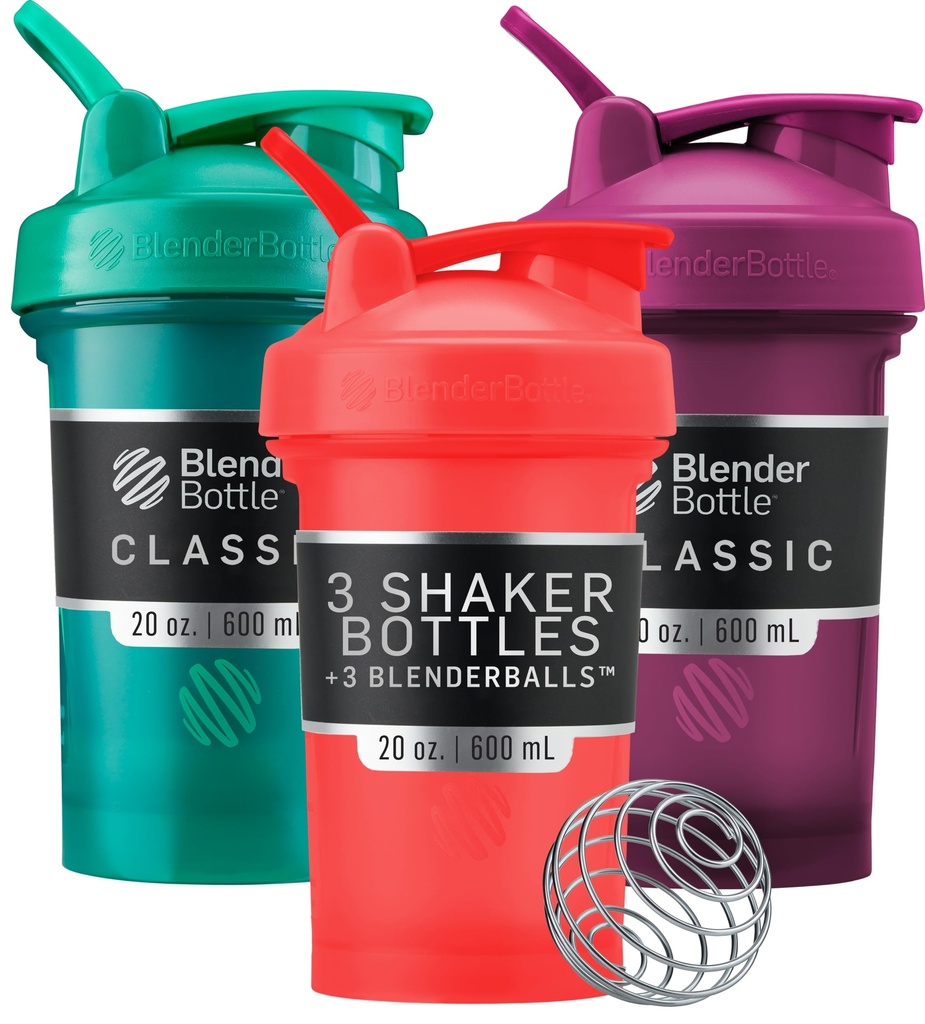 BlenderBottle Classic V2 Shaker Bottle Perfekt för Protein Shakes och Pre Workout, 20-Ounce (3 Pack), Red, Green, Plum