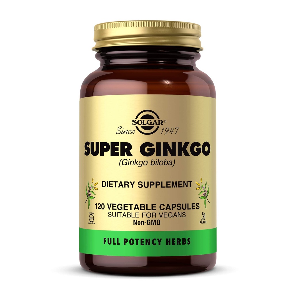 Solgar Super Ginkgo, 120 Vegetable Capsules - Full Potency (FP) - Antioxidant & Nervous System Support - Brain Health - Non-GMO, Vegan, Gluten Free, Dairy Free, Kosher - 120 portioner