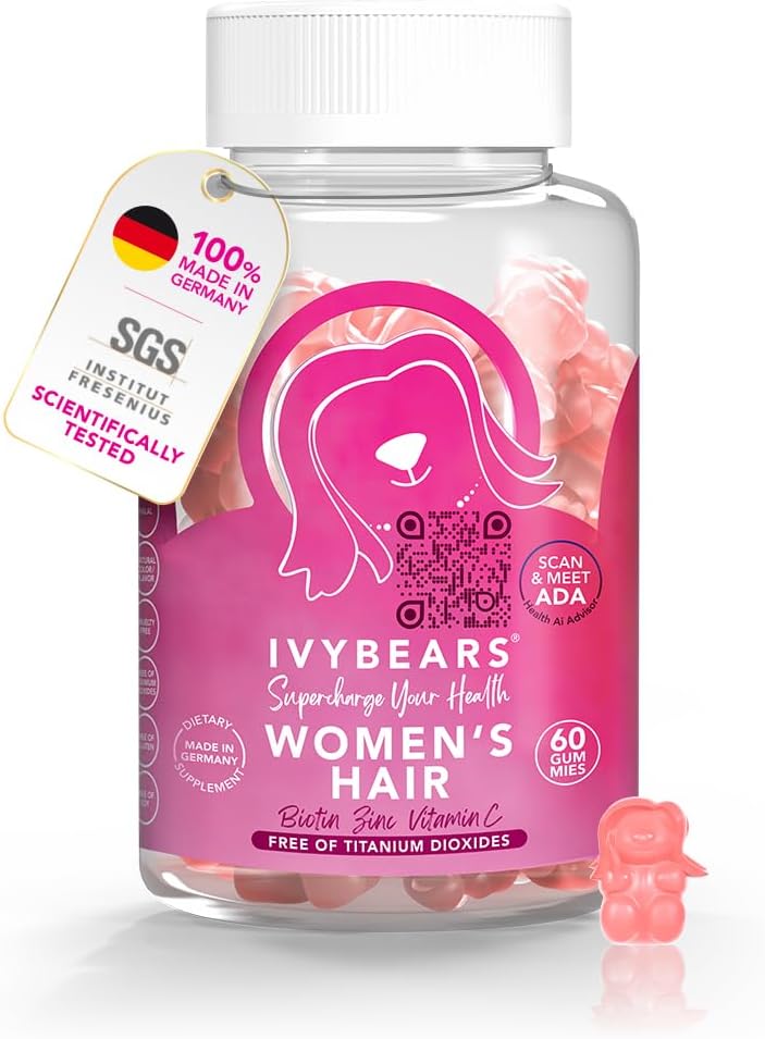IvyBears Women's Hair Vitamin Gummies med Complex Biotin, Collagen, Folsyra, Vitamin B7 och Keratin för hår, hud och naglar - Vegan Hair Growth & 100% Vitamin Boost - 60 Count, 1 månad Supply