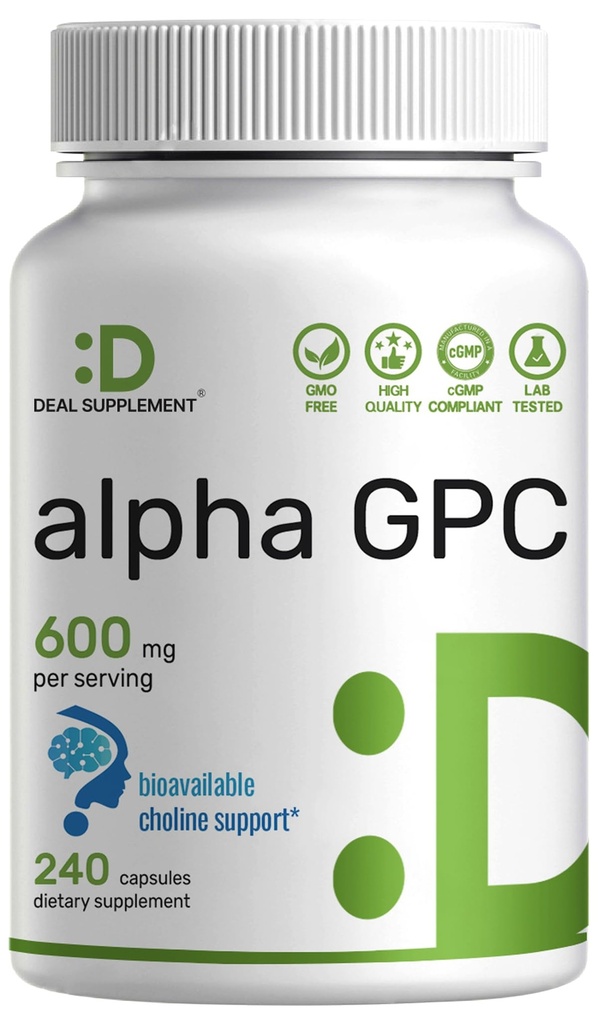 Alpha GPC 600mg Per Servering, 240 kapslar - Biotillgänglig kolinpåfyllning - Nootropic hjärnhälsotillskott för minne och fokus - Icke-GMO, Glutenfri