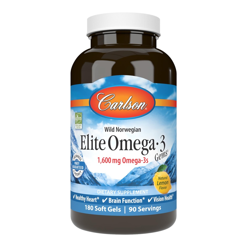 Carlson - Elite Omega-3 Gems, 1600 mg Omega-3 Inklusive EPA och DHA, Norwegian, Wild-Caught Fish Oil Supplement, Hållbart Källa, Lemon, 180 Softgels