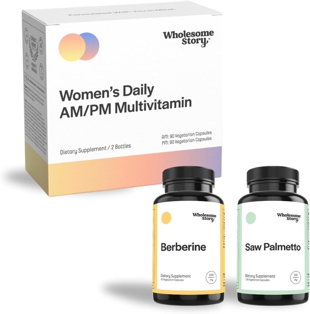 Hår, hud och naglar Bundle: Berberine Supplement 1500mg | Saw Palmetto för män och kvinnor | Premium Bioavailable Daily Multivitamin för kvinnor med järn, folat, kalcium, Omega-3 DHA & vitamin D