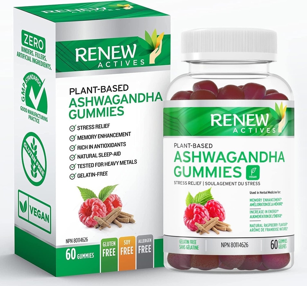 Renew Actives Ashwagandha 100MG per 4 Gummies - Memory, Focus & Energy Boost - Traditionellt används som en Rejuvenative Tonic - Vegan, Herbal Adaptogen - Made in Canada - 60 Gummies