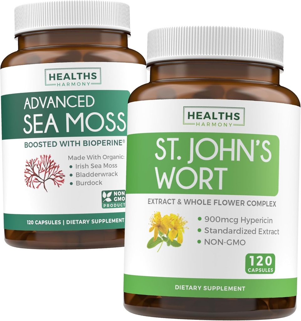 Sea Moss & St John's Wort (2-månaders leverans) Mood Moss Blend - Organic Irish Sea Moss - Raw Vegan Supplement (120 Caps) & St John's Wort med kraftfull 900mcg Hypericin Vegan Non-GMO (120 kapslar)
