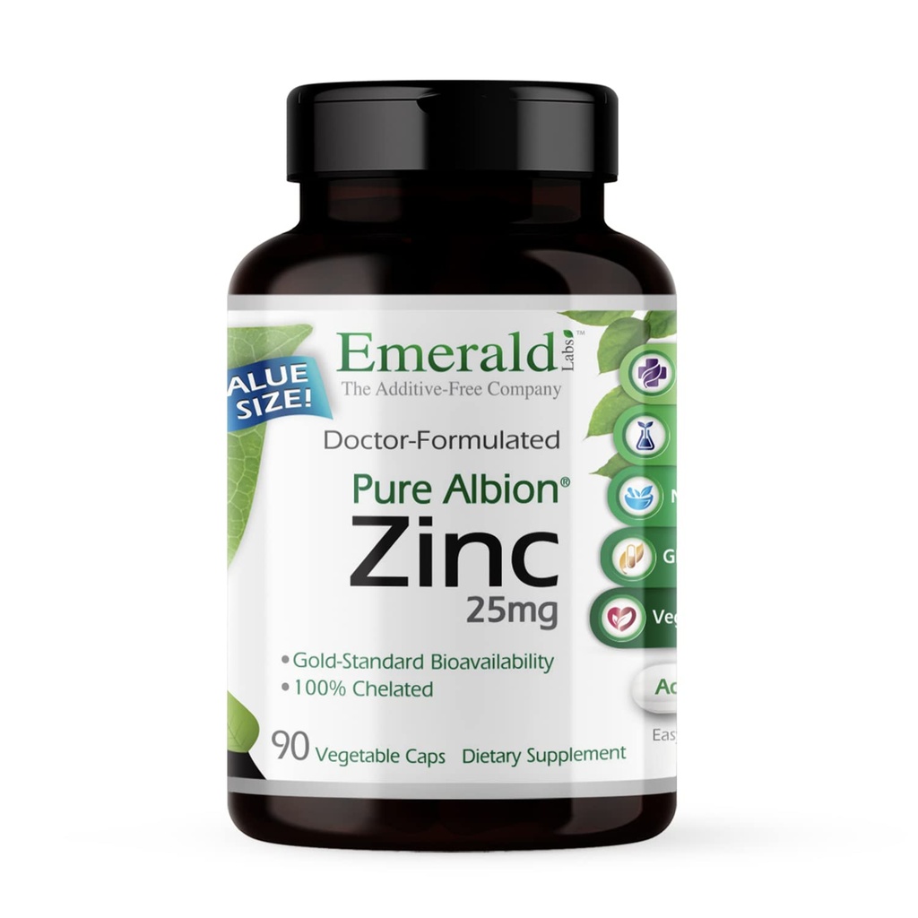 Emerald Labs Zink 25mg - Immune Support, Digestive Health, Oxidative Stress Support - Tillverkad med Zink Bisglycinate - Vegan & Glutenfri - 90 Vegetabiliska kapslar