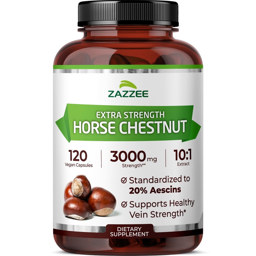 Zazzee Extra Strength Horse Chestnut 10:1 Extract, 3000 mg Styrka, 20% Aescins, 4 månaders leverans, 120 Vegan kapslar, koncentrerad och standardiserad 10X Extract, All-Natural, icke-GMO, Made in the USA