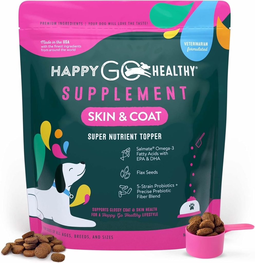 Skin & Coat Supplements for Dogs | Probiotiska och prebiotiska fördelar med vilda lax Omega 3s för att hjälpa din hund Shine från insidan ut | Alla raser, åldrar och storlekar | 120 greve