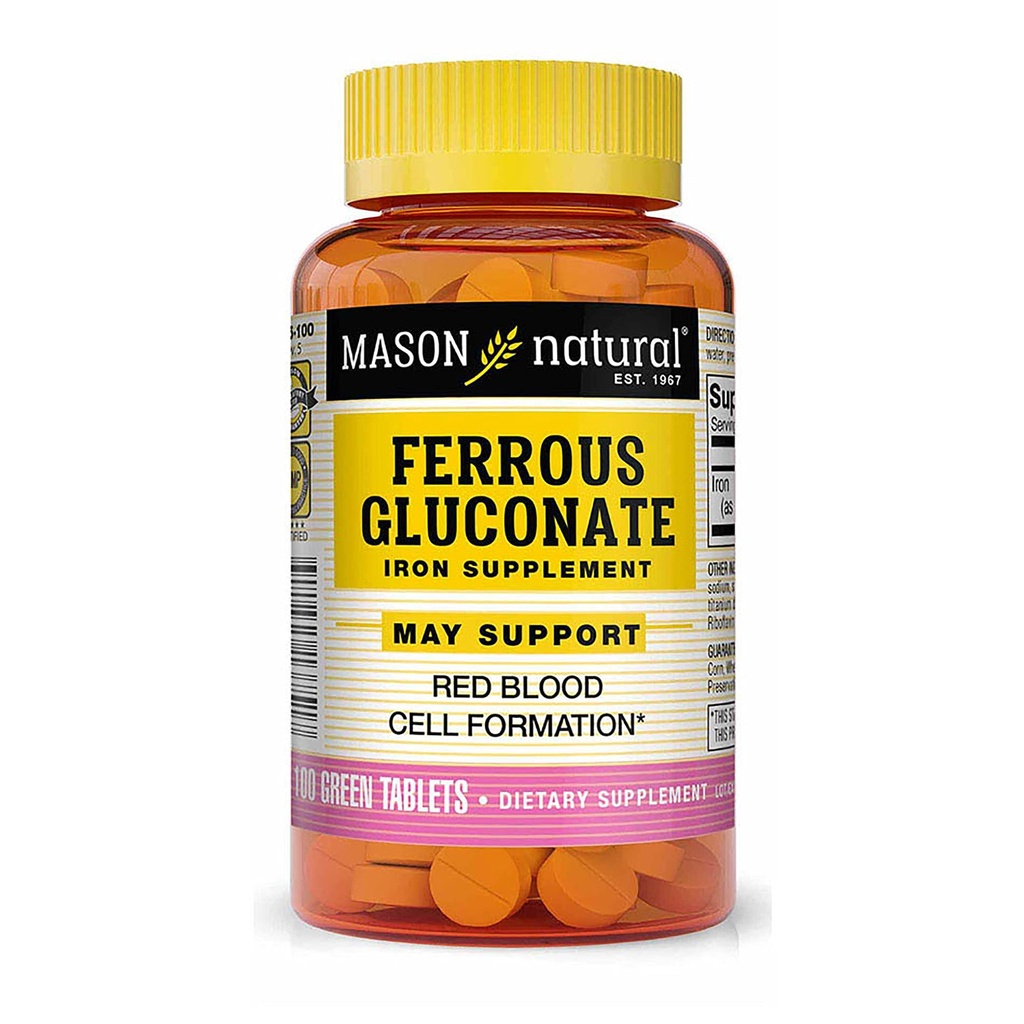 Mason Natural Ferrous Gluconate - Stöder Red Blood Cell Formation, Gentle på magsäckstillskott, 100 tabletter