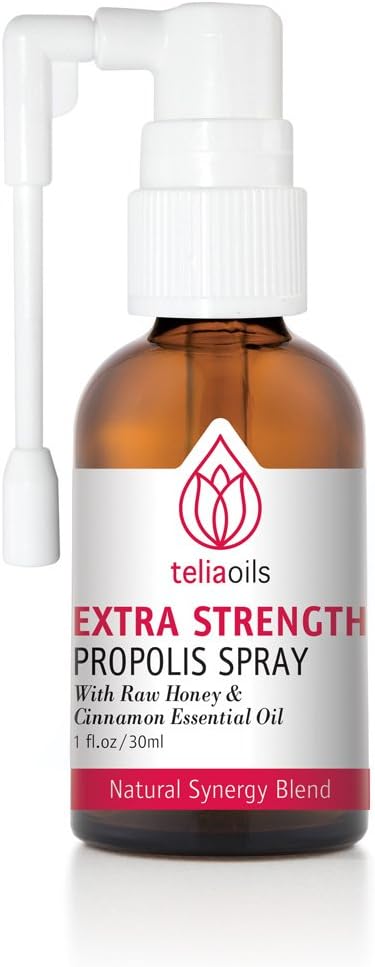 Teliaoils Propolis Spray Body's Defense Support, Soothing Cough & Sore Throat, Hjälper mun irritationer, förkylningar, 100% naturliga, med Honey & Cinnamon Essential Oil.