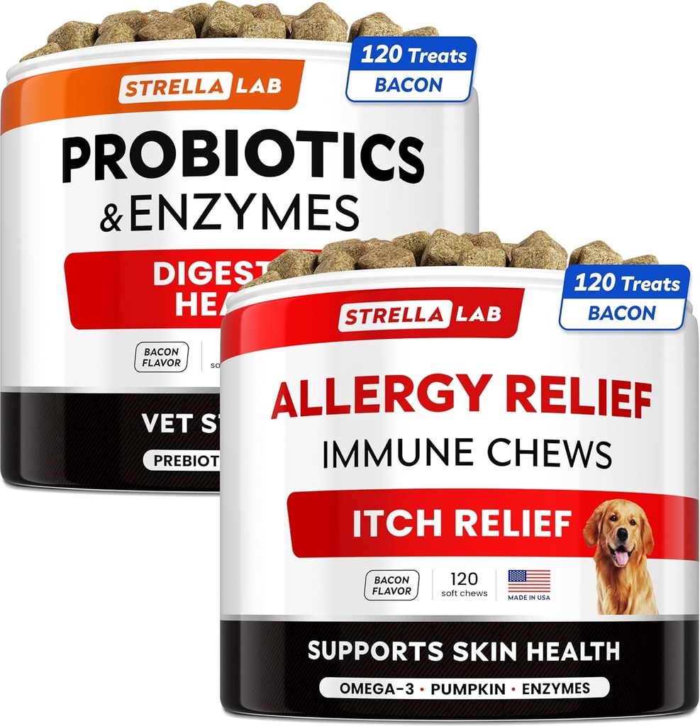 Vet Strength Probiotics + Allergy Relief for Dogs Bundle - Chewable Fiber Supplement + Itchy Skin Treatment - Digestive Enzymes + Pumpkin - Upset Stomach Relief + Hotspot Relief -240 ct - Made in USA